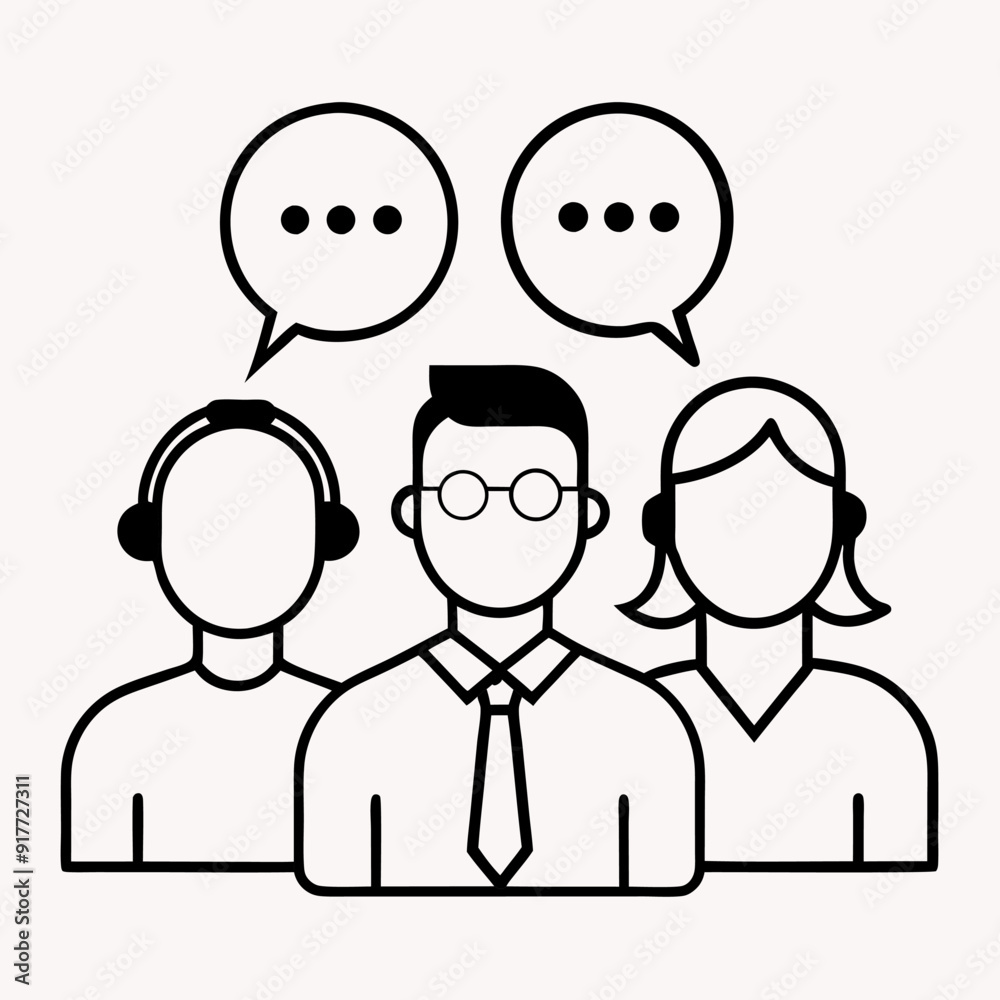 Avatars of people working in call centre wearing headphones. Vector black minimalistic linear icons for business Avatars of people working in call centre wearing headphones. Vector black minimalistic linear icons for business