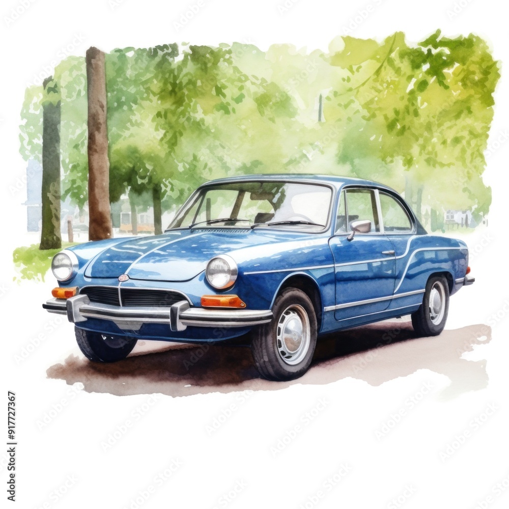 Classic Blue Car in a Scenic Park Illustration - Vintage Vehicle Artwork for Automotive Enthusiasts Classic Blue Car in a Scenic Park Illustration - Vintage Vehicle Artwork for Automotive Enthusiasts