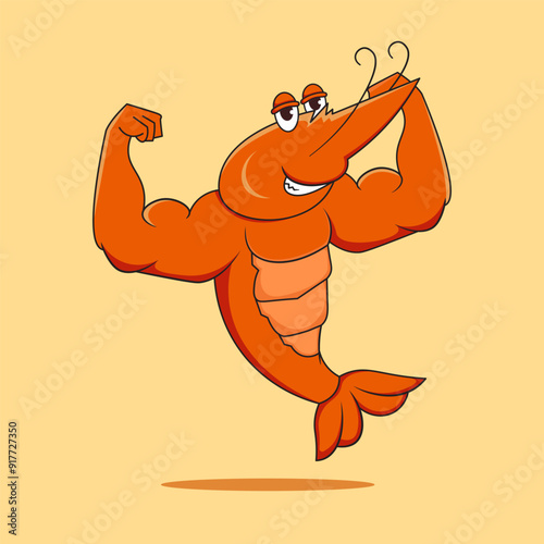 Graphic vector illustration of a muscular shrimp character with a big smile