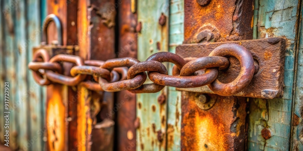 rusty iron chain securing lock on metal door rusty iron chain securing lock on metal door