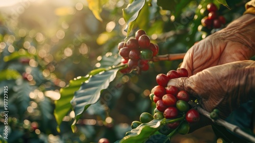 Old man 's hand picking Arabica coffee berries or Robusta berries in coffee harvesting. Generative AI, AI generated for Ads photo