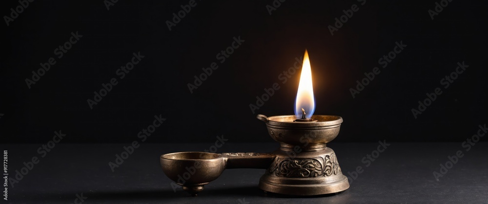 Elegant small oil lamps glowing against a black background, perfect for ambiance Elegant small oil lamps glowing against a black background, perfect for ambiance