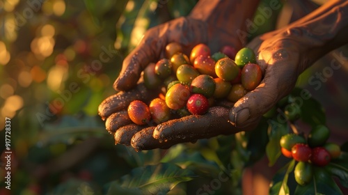 Old man 's hand picking Arabica coffee berries or Robusta berries in coffee harvesting. Generative AI, AI generated for Ads photo