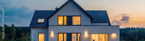 A modern house illuminated at dusk, showcasing contemporary architecture and warm light, surrounded by nature's tranquility.