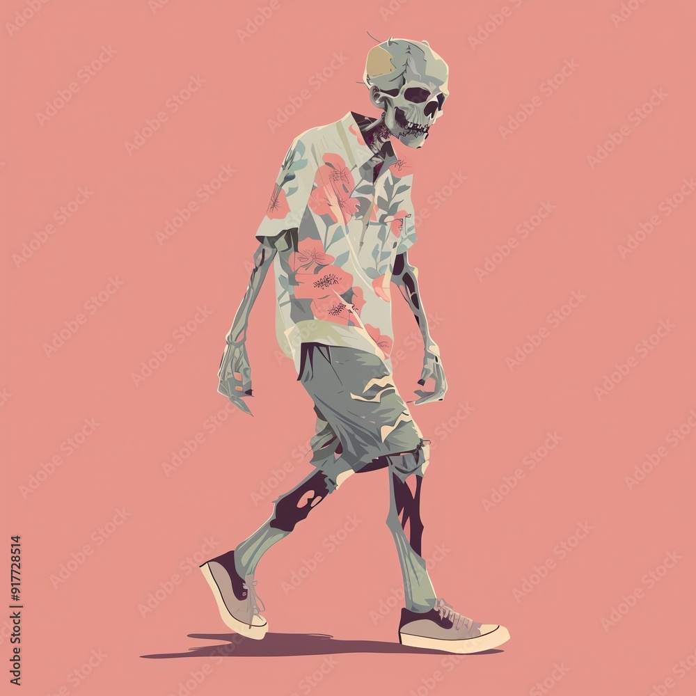 Stylized illustration of a skeleton wearing casual summer clothes walking against a pink background. Unique and creative art. Stylized illustration of a skeleton wearing casual summer clothes walking against a pink background. Unique and creative art.