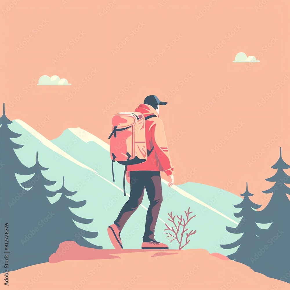 Illustration of a hiker with a backpack walking in the mountains, surrounded by trees, under a clear sky. Illustration of a hiker with a backpack walking in the mountains, surrounded by trees, under a clear sky.