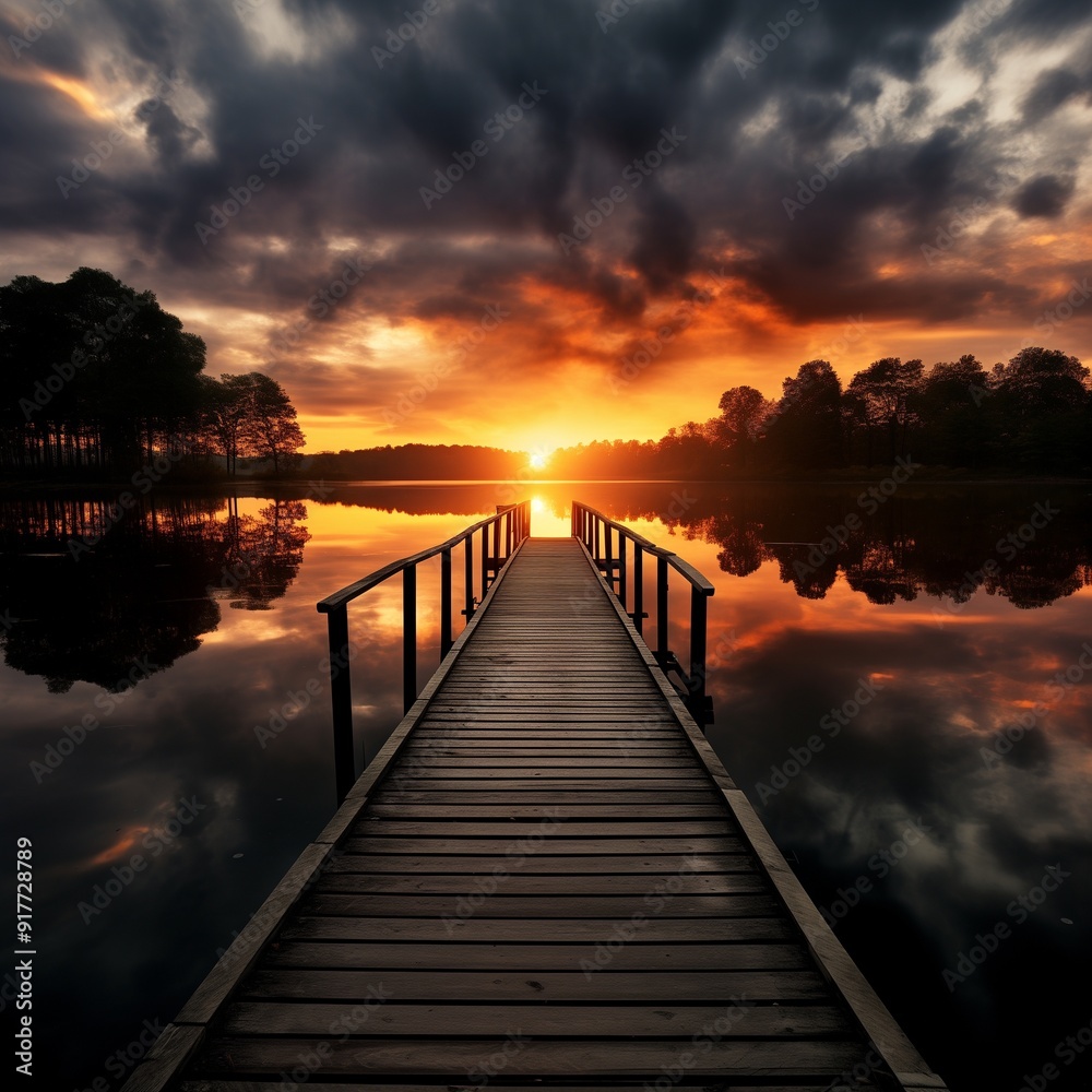Fototapeta premium Stunning Sunset Over Calm Lake with Wooden Pier and Dramatic Cloudy Sky, Reflection Photography