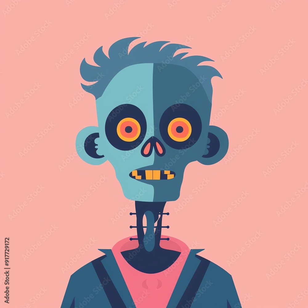 Cartoon styled zombie character with bright eyes and quirky features against a pink background. Perfect for Halloween or horror themed projects. Cartoon styled zombie character with bright eyes and quirky features against a pink background. Perfect for Halloween or horror themed projects.