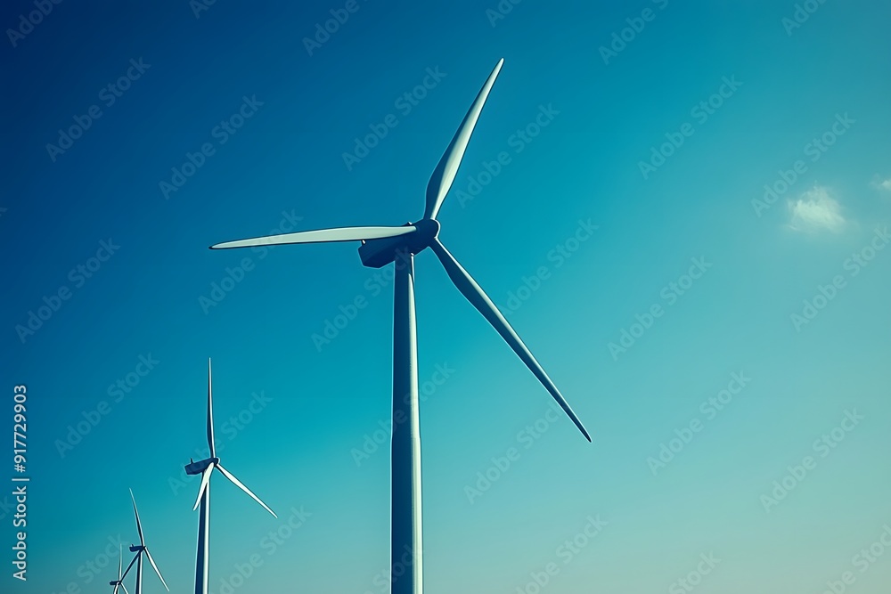 Harnessing Renewable Energy. Wind turbines stand against a clear blue sky emphasizing sustainability concept Harnessing Renewable Energy. Wind turbines stand against a clear blue sky emphasizing sustainability concept
