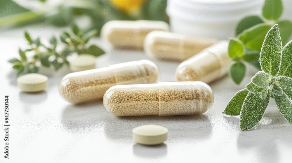 Close-up of natural supplement capsules in a serene environment with sunlight and fresh herbs, promoting holistic health, Generative AI Close-up of natural supplement capsules in a serene environment with sunlight and fresh herbs, promoting holistic health, Generative AI
