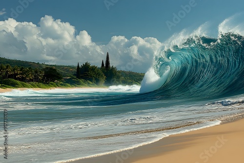 Majestic Power of Nature. Magnificent waves breaking at Waimea Bay on the North Shore photo