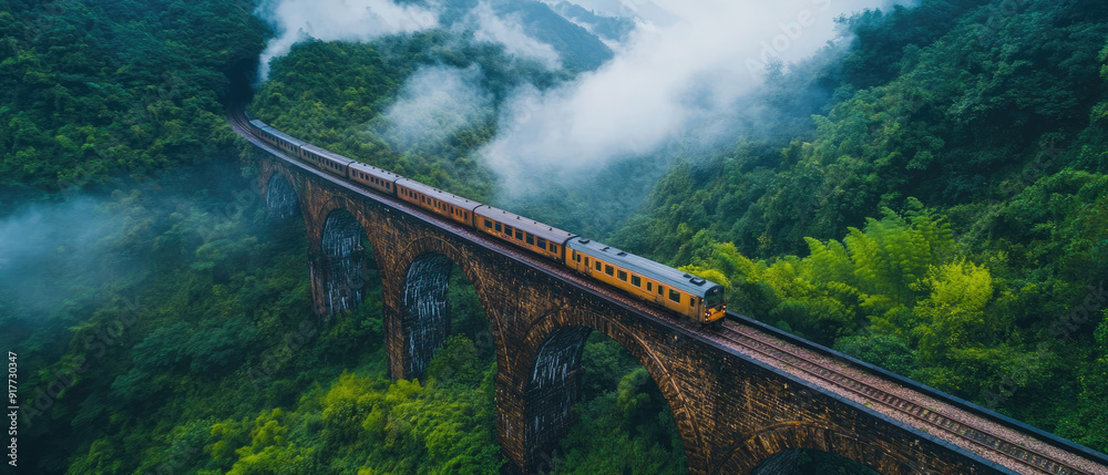 Fototapeta premium A train is running on an old stone bridge in the mountains, surrounded by green forests and misty clouds