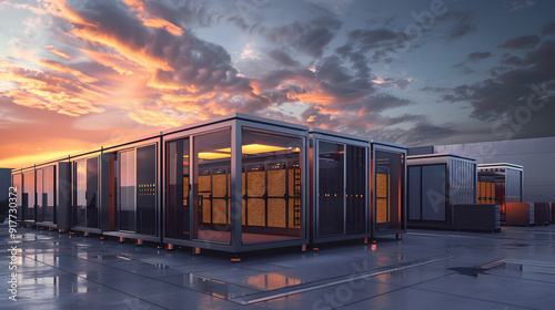 Modular Data Center Design, modular data center design with an image displaying prefabricated modular units, containerized data centers, design