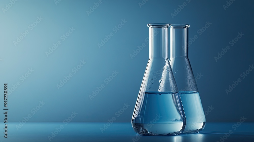 A chemistry lab scene with beaker and flask filled with water, set against a blue background. The upper area is left blank for text. A chemistry lab scene with beaker and flask filled with water, set against a blue background. The upper area is left blank for text.
