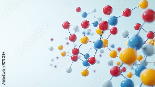 A 3D molecular model with connected atoms in bright colors, floating against a clean background. The space around the model is ideal for adding text.