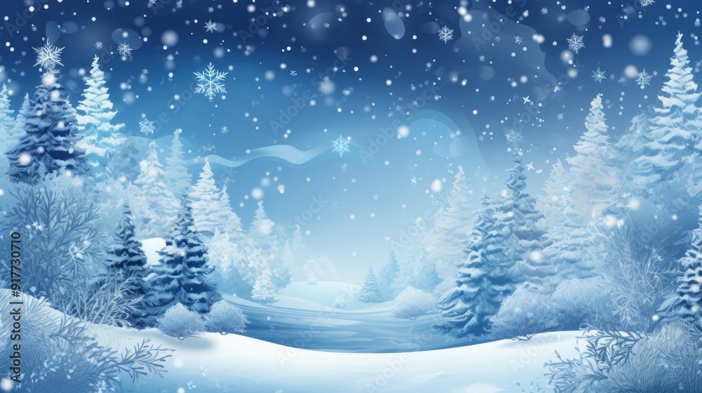 Blue Christmas background with abstract fir trees and snowfall at night. Neural network ai generated art Blue Christmas background with abstract fir trees and snowfall at night. Neural network ai generated art
