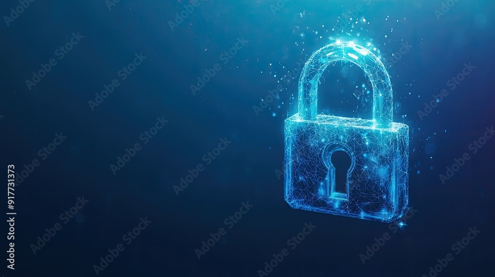 A digital polygonal open padlock hologram floating on a blue background, symbolizing cybersecurity. The lower area is left blank as a mockup space for text. A digital polygonal open padlock hologram floating on a blue background, symbolizing cybersecurity. The lower area is left blank as a mockup space for text.