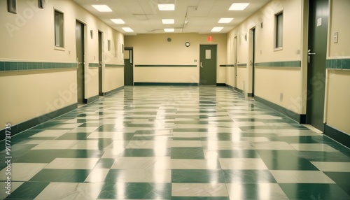 A long  empty hospital corridor with white walls  tiled floors  and fluorescent lighting overhead