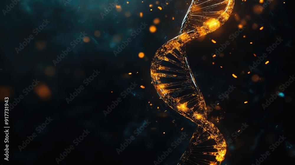 A glowing 3D DNA strand against a dark background, with the double helix twisting gracefully. The background is empty, perfect for text placement.