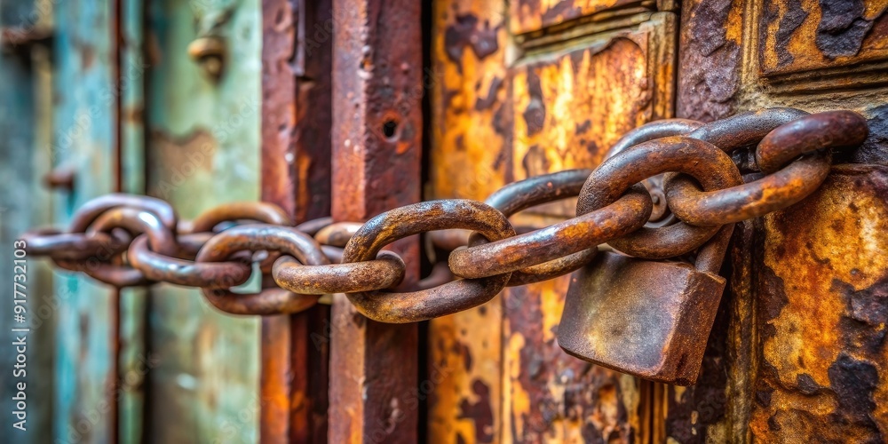 rusty iron chain securing lock on metal door rusty iron chain securing lock on metal door