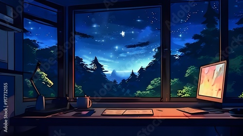 Lofi empty interior. Messy desk, window view of a forest, jungle. Anime, manga style. Colorful study lo-fi desk. Cozy chill vibe. Hip-hop atmoshperic lighs. Stars 4k wallpaper