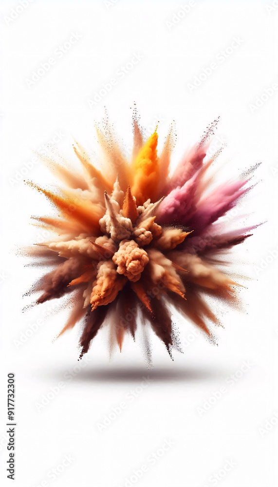 Explosion of cocoa powder, brown powder dispersion, white background, wallpaper illustration Explosion of cocoa powder, brown powder dispersion, white background, wallpaper illustration