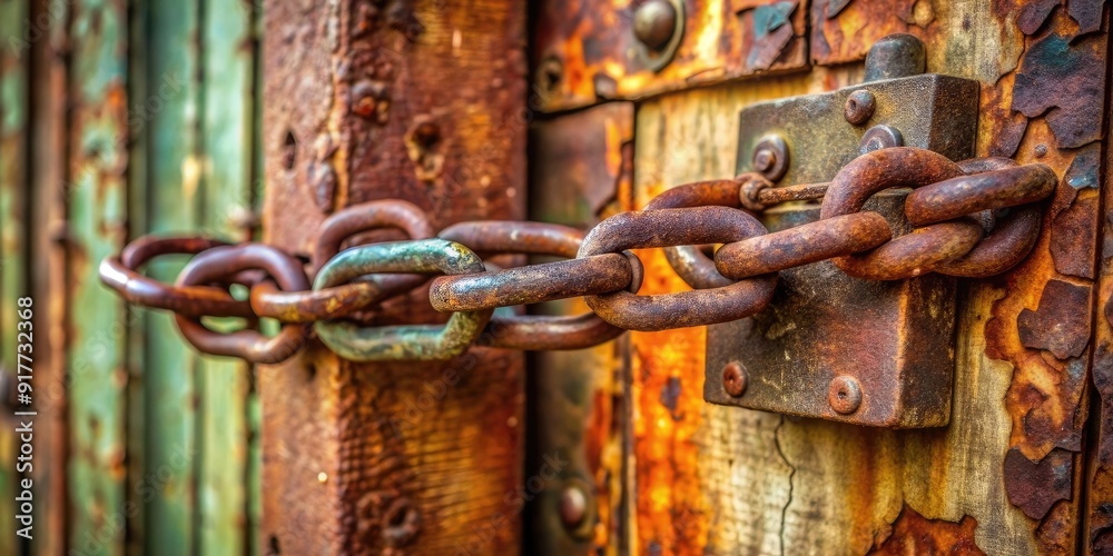 rusty iron chain securing lock on metal door rusty iron chain securing lock on metal door