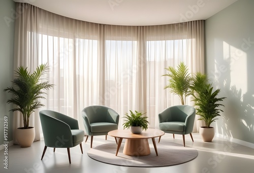 modern living room with armchair. A modern waiting room with gray walls, large windows, and green upholstered chairs arranged in a row.  photo