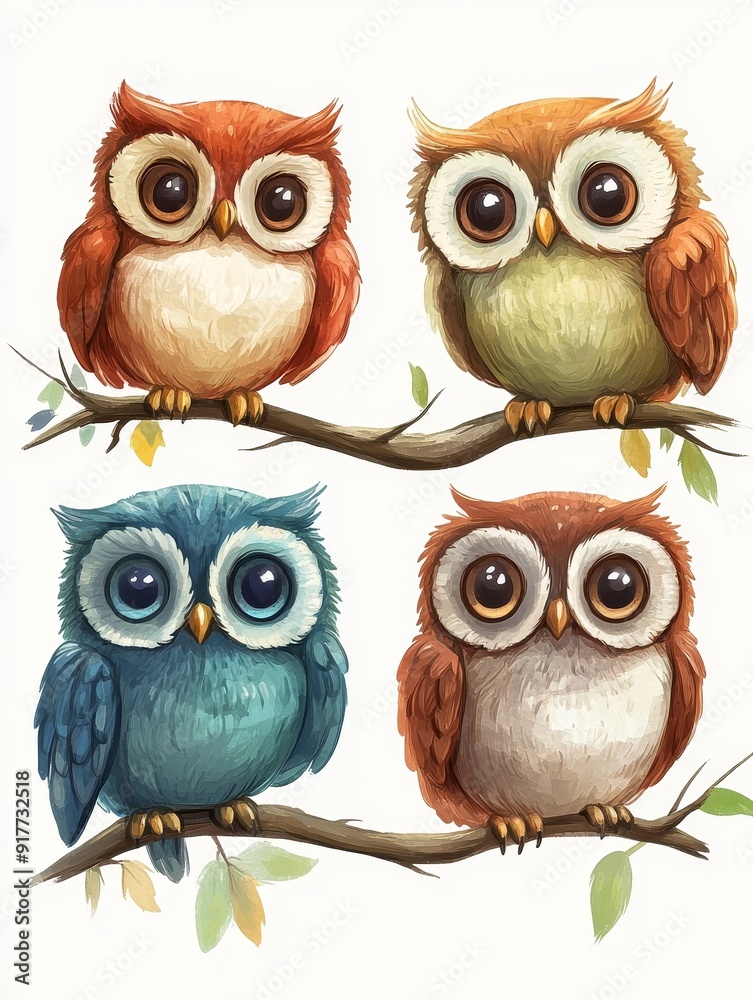 Fototapeta premium Four Adorable Owls Perched on Branches