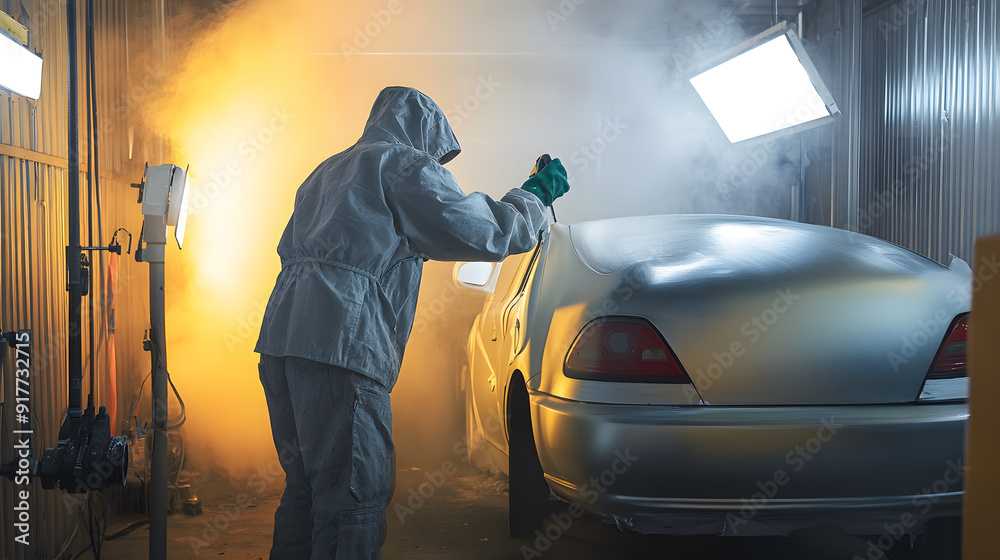 auto mechanic worker painting car in a paint chamber during repair work