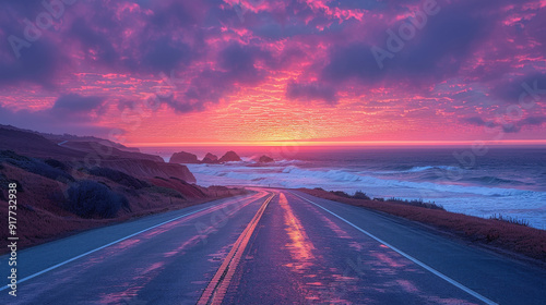 an asphalt road running parallel to a rugged coastline, with crashing waves visible in the distance. The road is straight and well-maintained, bordered by sandy beaches or rocky cliffs photo