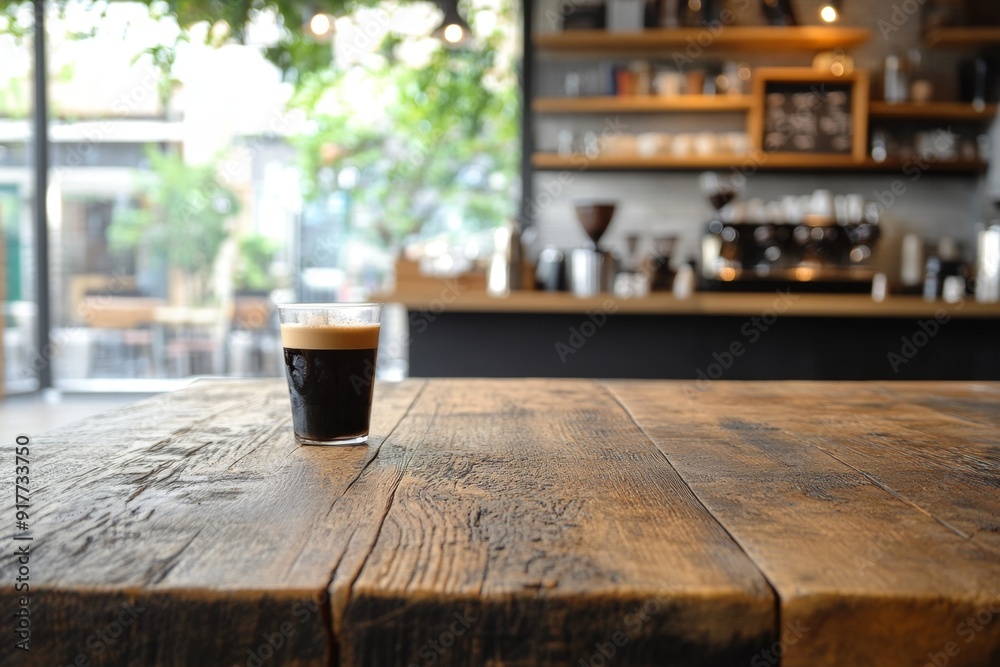 A cup of espresso on a wooden table in a cafe. A cup of espresso on a wooden table in a cafe.