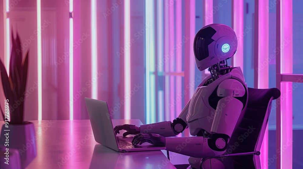 Robot working at a computer Neuro employee undergoing training Education of robots and artificial intelligence New technologies Robot working at a computer Neuro employee undergoing training Education of robots and artificial intelligence New technologies