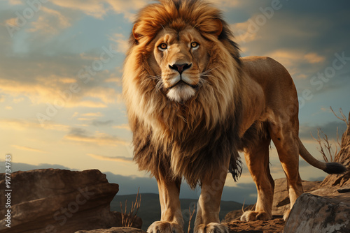 Illustrator of a majestic lion standing on a rocky outcrop with a sunset backdrop