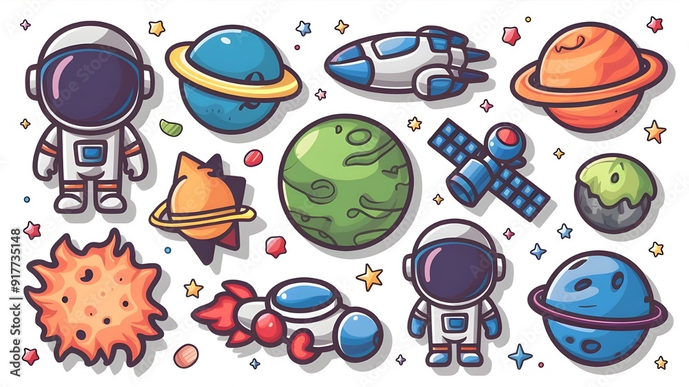 3D vector icon set for space. Cartoon objects: comet, ufo, rocket, planet, satellite, and astronaut 3D vector icon set for space. Cartoon objects: comet, ufo, rocket, planet, satellite, and astronaut