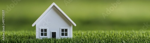 A small white house model on green grass, symbolizing home, nature, and tranquility in a peaceful environment.