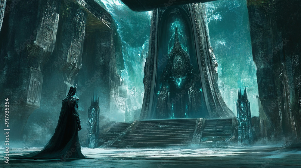 custom made wallpaper toronto digitalA dark, imposing figure stands at the entrance of a massive, ancient structure. This cloaked character is gazing towards a grand, monumental throne or altar adorned with intricate details and glowing,