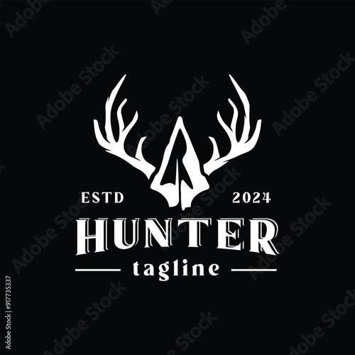 Vintage Retro Rustic Native Arrowhead Spear and deer antlers for Arrow Hunting Hipster Logo