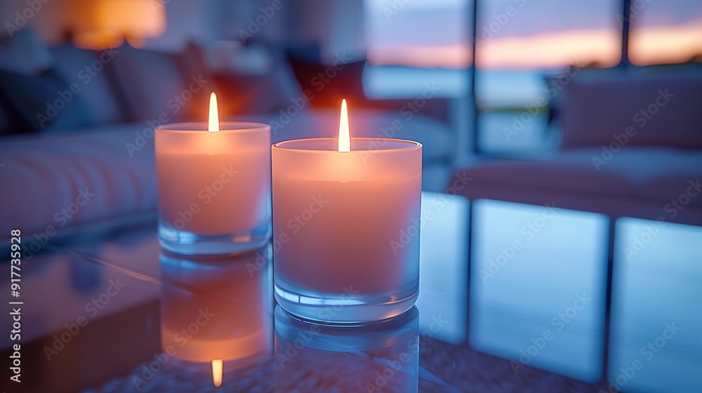 Three lit candles on a glass table, perfect for creating a cozy atmosphere Three lit candles on a glass table, perfect for creating a cozy atmosphere