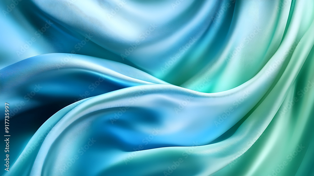 Fototapeta premium Elegant blue green background. Silk satin with soft wavy folds. Banner.