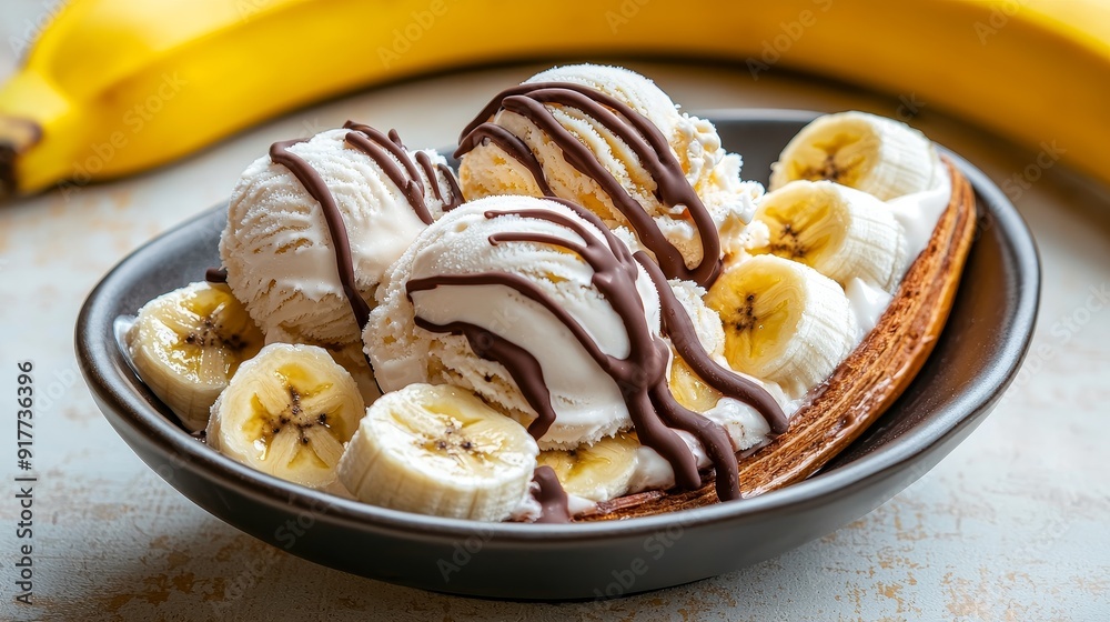 A delicious banana split with scoops of ice cream, drizzled chocolate, and sliced bananas on a vintage table. A delicious banana split with scoops of ice cream, drizzled chocolate, and sliced bananas on a vintage table.
