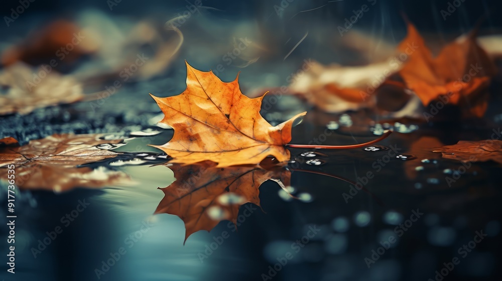 Maple autumn leaf on wet asphalt after rain. Neural network ai generated art Maple autumn leaf on wet asphalt after rain. Neural network ai generated art