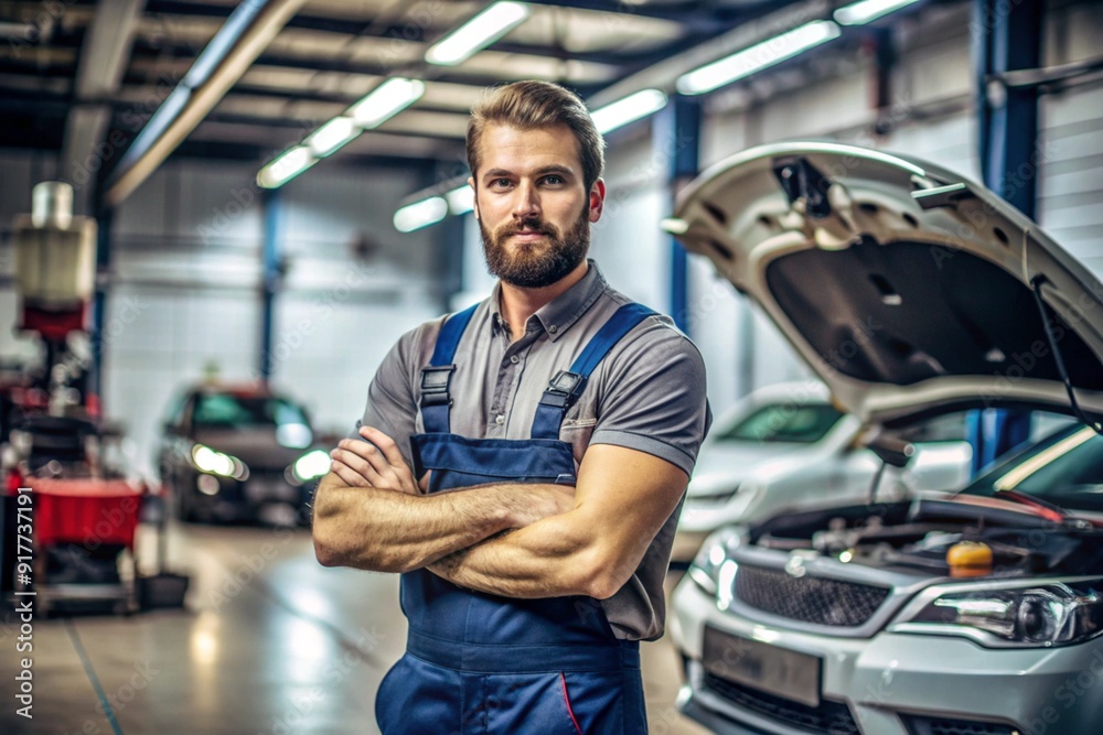 A man in a blue jumpsuit is posing for a picture in a car repair shop A man in a blue jumpsuit is posing for a picture in a car repair shop