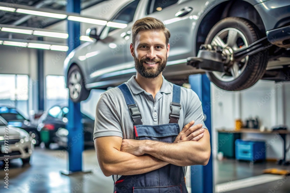 A man in a blue jumpsuit is posing for a picture in a car repair shop A man in a blue jumpsuit is posing for a picture in a car repair shop