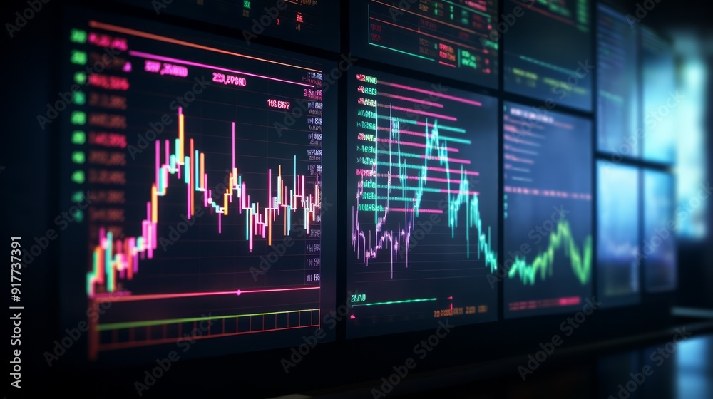 Technical price graph and indicator, red and green candlestick chart on blue theme screen. Neural network ai generated art Technical price graph and indicator, red and green candlestick chart on blue theme screen. Neural network ai generated art