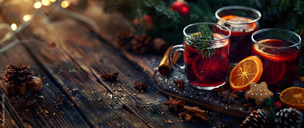 glasses of glüwine and orange juice, with Christmas decorations on a dark wooden background glasses of glüwine and orange juice, with Christmas decorations on a dark wooden background
