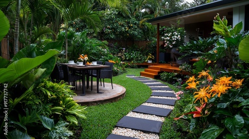 A vibrant tropical garden with a table set for coffee, surrounded by lush greenery and flowers.