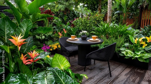 Fototapeta Naklejka Na Ścianę i Meble -  A vibrant tropical garden with a table set for coffee, surrounded by lush greenery and flowers.