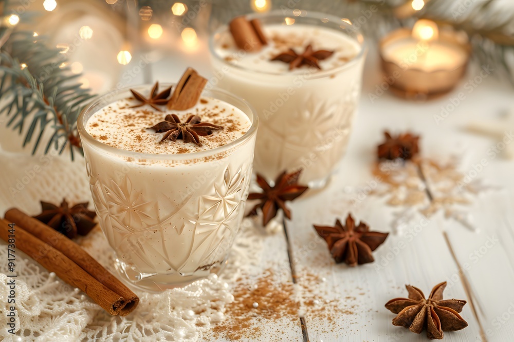 Christmas spiced eggnog white milk drink with cinnamon and anise in a glass mason jar on a light wooden table, white background, Christmas decorations and pine branches around the glasses Christmas spiced eggnog white milk drink with cinnamon and anise in a glass mason jar on a light wooden table, white background, Christmas decorations and pine branches around the glasses
