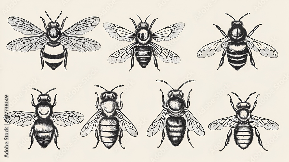 set of hand drawn bee in black and white vector illustration on white ...